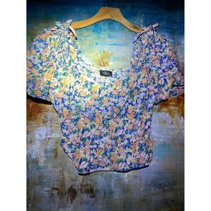 Milk & Honey Floral Puff Sleeve Crop Top Blue Orange Daisy Smocked Waist Large